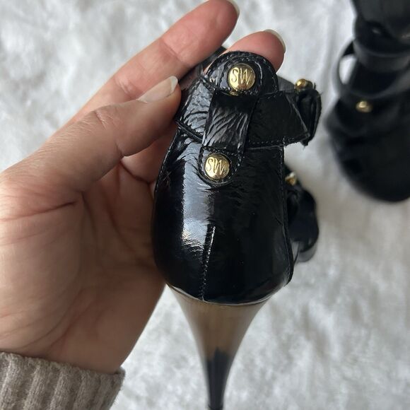 STUART WEITZMAN BLACK PATENT GLADIATOR PLATFORM SANDALS SZ 8 - Picture 5 of 6